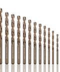 Cobalt Drill Bits Set 13Pcs M35 HSS Jobber Bits For Hard Metal And More 1.5 To 6.5Mm displayed in a row on white background.