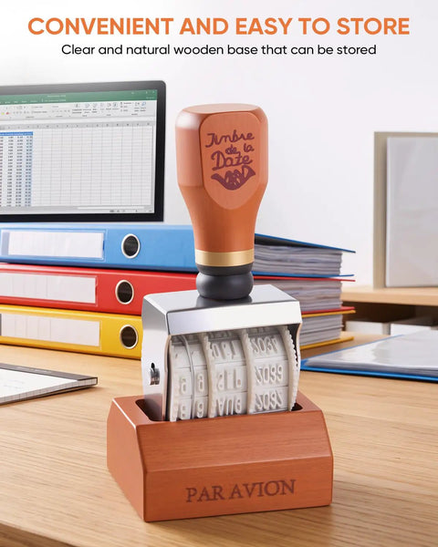 Super Handy Self Inking Roller Date Stamp with wooden base, smooth action for crafting and organizing daily use.