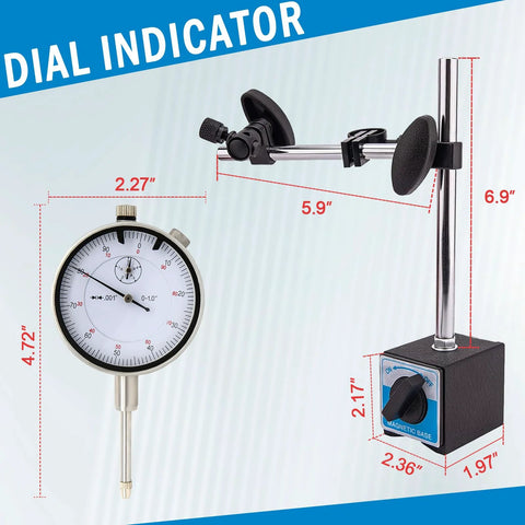 Front view of dial indicator with magnetic base and adjustable arm stand, white dial gauge