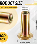 100 Pcs 1/4-20 Rivet Nuts Multi Grip Threaded Insert Nut Kit Zinc Plated Steel Flat Head Nutserts with dimensions