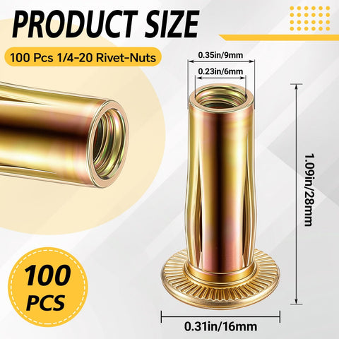100 Pcs 1/4-20 Rivet Nuts Multi Grip Threaded Insert Nut Kit Zinc Plated Steel Flat Head Nutserts with dimensions