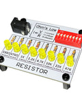 Hands On Soldering Practice Kit For Beginners DIY Electronics Training Board showing resistors and LEDs with Ohm's Law guide.