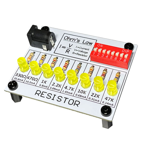Hands On Soldering Practice Kit For Beginners DIY Electronics Training Board showing resistors and LEDs with Ohm's Law guide.