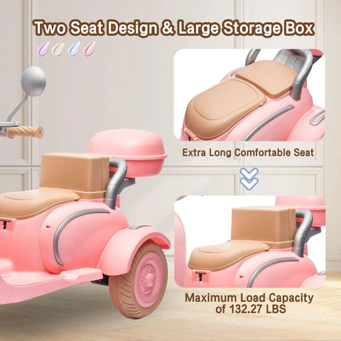 12V Dual Motor Kids Ride On Motorcycle With Storage Compartments, 2 Seater Pink Toy ATV, focus on storage and seating