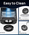 Image showing cleaning steps for 4 In 1 Bug Zapper Outdoor Portable And Rechargeable Mosquito Killer with removable tray and water rinse.