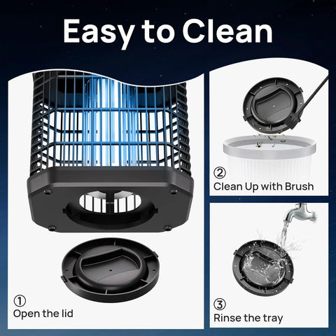 Image showing cleaning steps for 4 In 1 Bug Zapper Outdoor Portable And Rechargeable Mosquito Killer with removable tray and water rinse.