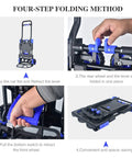 Oyoest folding hand truck with retractable handle, blue and black frame, four rubber wheels, 330 lb capacity.
