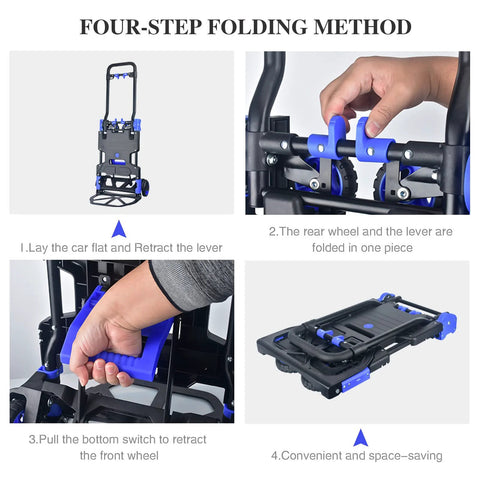 Oyoest folding hand truck with retractable handle, blue and black frame, four rubber wheels, 330 lb capacity.