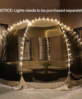 Lightweight Pop Up Screen Room Tent for 4 to 6 adults with mesh walls and string lights, hexagon canopy, 10x10 beige for outdoor use.