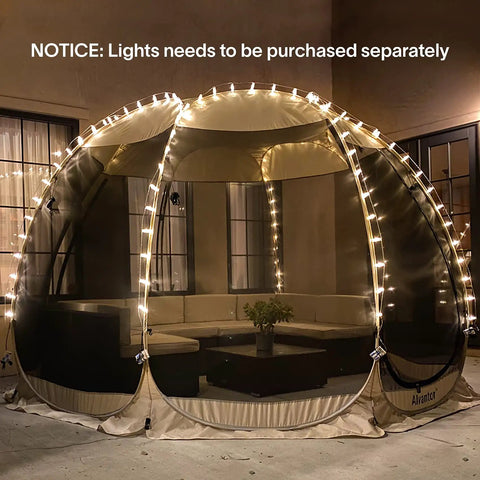Lightweight Pop Up Screen Room Tent for 4 to 6 adults with mesh walls and string lights, hexagon canopy, 10x10 beige for outdoor use.