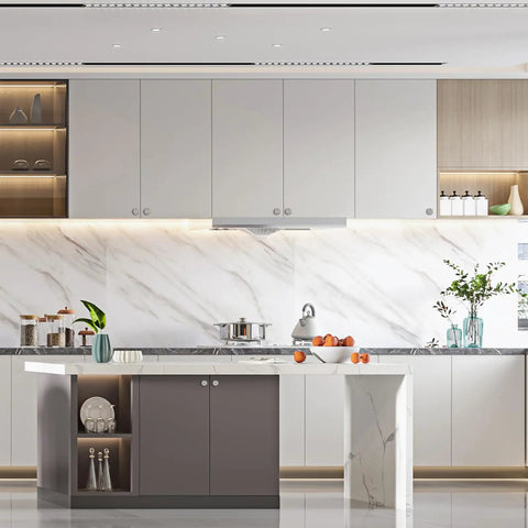 Modern kitchen with marble backsplash, white cabinets, and an island featuring Champagne Bronze Kitchen Cabinet Knobs 10 Pack With Clear Crystal Dresser Drawer Knobs For Cabinets And Furniture Upgrade Easy Install Durable Zinc Hardware For Cabinets Drawers And Dressers Modern Farmhouse Style.