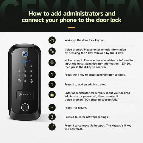 5 In 1 Smart Lock With Built In Camera And Doorbell user guide for connecting phone, keypad features, and settings instructions.