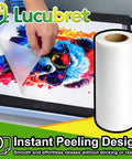 DTF Transfer Film Roll 13 Inch By 328 Feet With Premium Double Side Matte Clear Pretreat Sheets being peeled off vibrant design