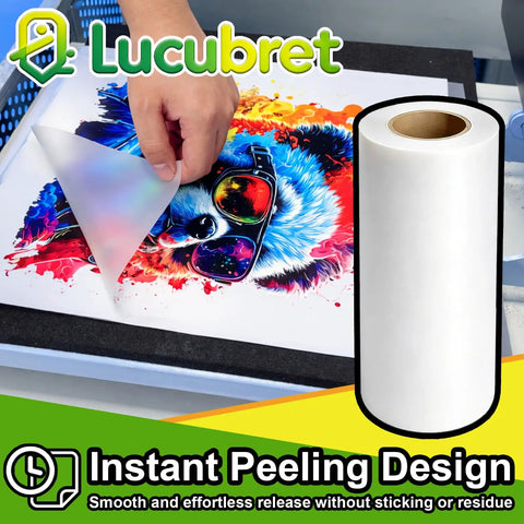 DTF Transfer Film Roll 13 Inch By 328 Feet With Premium Double Side Matte Clear Pretreat Sheets being peeled off vibrant design