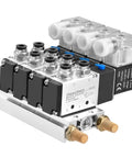 4V210-08 AC220V Pneumatic Solenoid Valve 5 Way 2 Position PT1/4 with Base Muffler and Quick Fittings Close-up