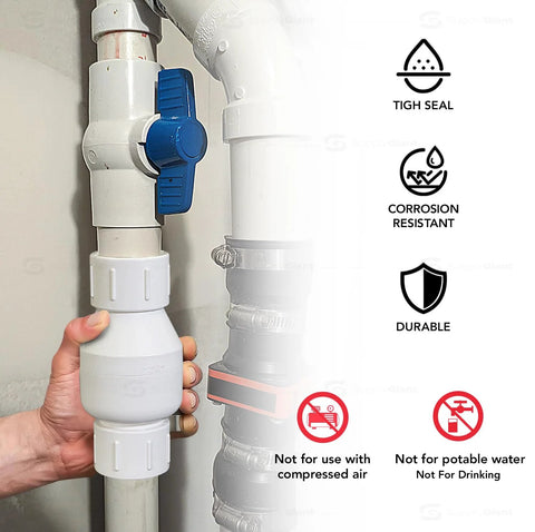 PVC inline check valve with blue lever on 3/4'' FIP white plastic piping for backflow prevention