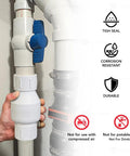 PVC Inline Check Valve For Backflow Prevention One And One Half Inch Solvent Connections White Plastic Stainless Steel Spring Loaded Not For Potable Water Cracking Pressure Point Five Psi 150 Psi Rating At Seventy Three Degrees Temperature Range Forty.