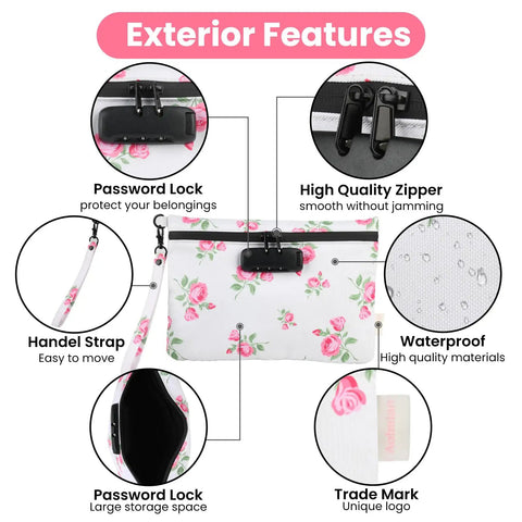 Exterior features of Pink Rose Travel Pouch Waterproof With Combination Lock Eight Piece Accessory Set And Gift Box