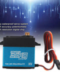 Beefed Up 35Kg Coreless Digital Servo With Fully Waterproof Housing And Heavy Duty Stainless Gears For 1/8 1/10 1/12 Scale RC Cars And Trucks Quick Response, close-up view showing blue housing and wires.