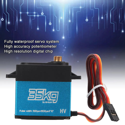 Beefed Up 35Kg Coreless Digital Servo With Fully Waterproof Housing And Heavy Duty Stainless Gears For 1/8 1/10 1/12 Scale RC Cars And Trucks Quick Response, close-up view showing blue housing and wires.