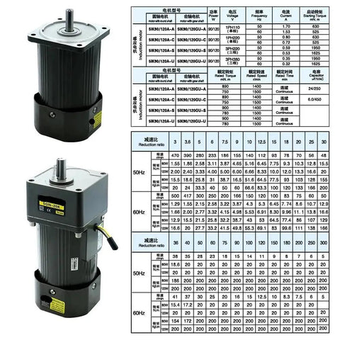 Solid Single Phase AC Gear Motor 120W Variable Speed Micro Drive With 15Mm Steel Shaft, shown with specifications and features.