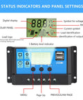 30A PWM Solar Charge Controller For 12V And 24V Systems With LCD Display And Dual USB Ports and labeled control panel features