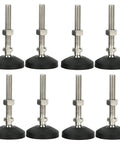 Solid As A Rock Adjustable Leveling Feet Set Of Eight M16 Swivel Table Leg Extenders with nylon bases and stainless steel threads.