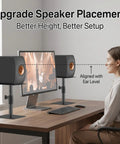 Heavy Duty Desktop Speaker Stands Pair With Height And Angle Adjustable Design For Studio Monitors And Bookshelf Speakers shown on desk setup