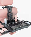 No Jiggle Rear Car Desk For Tesla Cybertruck Heavy Duty Anti Wobble Backseat Tray Table with laptop, drink holders, and phone mount.