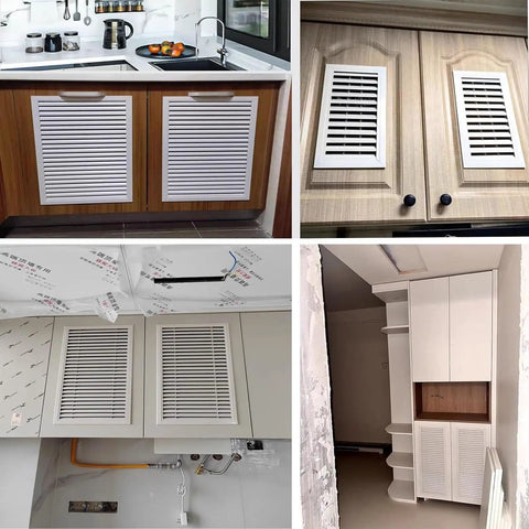 Image of various kitchen cabinet doors with white louvered vents, showcasing stylish air circulation in cabinetry.