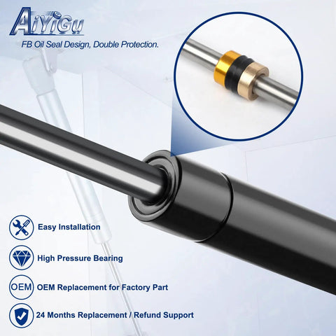 Close-up of front hood lift gas spring struts 2 pack for Jeep Grand Cherokee 2011 to 2022 and Dodge Durango 2011 to 2024 replacement parts.