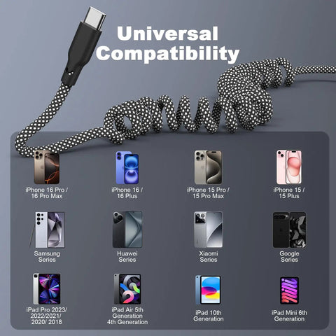 Retractable Braided USB A To USB C Car Charger Cables 2 Pack 3 Ft Ultra Fast Charge shown with compatible devices