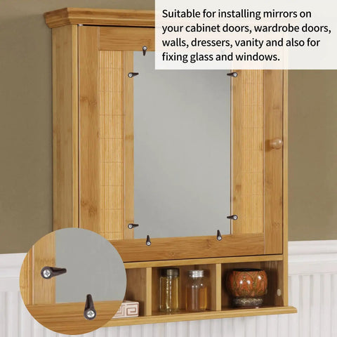 20 Pack Brown Plastic Glass Retainer Clips For Bathroom Mirrors And Cabinet Doors Heavy Duty Window Holders mounted on a wall cabinet.