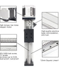 Heavy Duty 300mm Linear Stage Actuator With Square Slide Rail And 1605 Ballscrew Motorized XY XYZ CNC Linear Stage Table With Nema23 Stepper Motor, showing aluminum base and linear rails.
