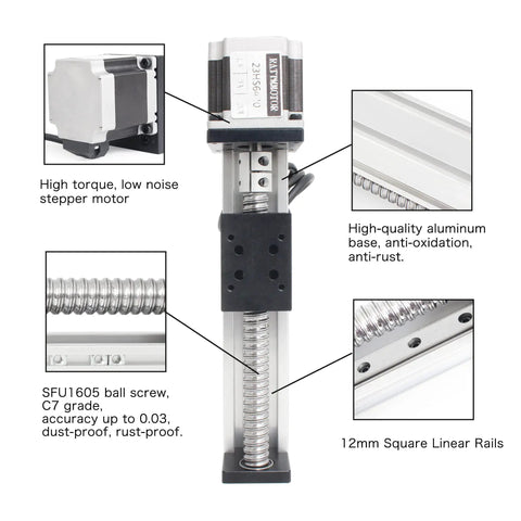 Heavy Duty 300mm Linear Stage Actuator With Square Slide Rail And 1605 Ballscrew Motorized XY XYZ CNC Linear Stage Table With Nema23 Stepper Motor, showing aluminum base and linear rails.