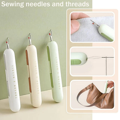 3 Pack 2 In 1 Seam Ripper And Needle Threader Set For Hand Sewing, Handy Compact Design, visible in green, white, orange colors