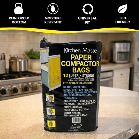 Precuffed 12 Pack Kitchen Compactor Bags Tough As Nails For Garbage Kitchen Liner And Trash Bin Press Durable USA Made Kitchen Essential You Can Count On package on kitchen counter