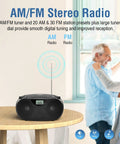 Portable CD Player Bluetooth Boombox with AM FM Radio on a table, showing digital tuner and stereo speakers in a home setting