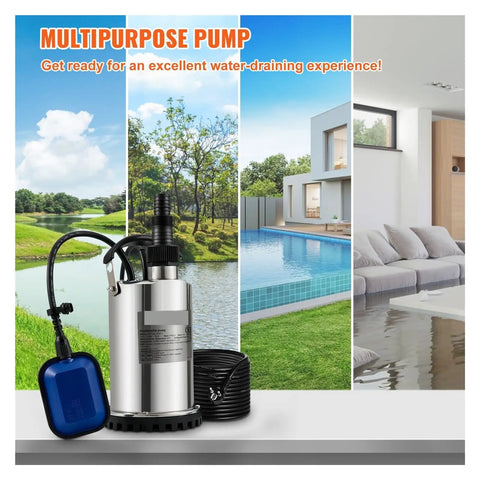 Submersible Sump Pump For Sewage And Clean Water 1300W Tough As Nails Stainless Steel Build IPX8 Waterproof with float switch.