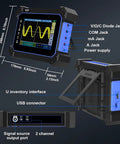 Diagram of TO1112D Touch Screen Tablet Oscilloscope with labeled ports and dimensions