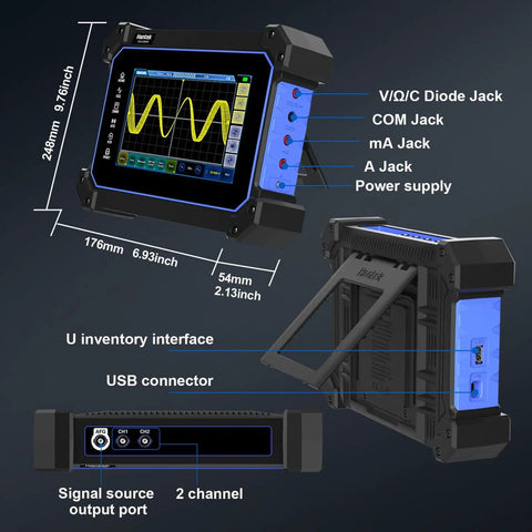 Diagram of TO1112D Touch Screen Tablet Oscilloscope with labeled ports and dimensions