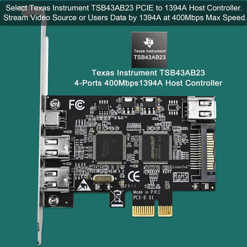 High Speed Firewire 400 PCIe Expansion Card With Four 1394A Ports, 3x 6Pin And 1x 4Pin, Includes Cables And Low Profile Bracket, Works With Windows And Mac OS, TI TSB43AB23 Chipset For Smooth Video Transfer. PCIe x1 card with four FireWire 400 ports