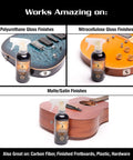 Guitar Detailer For Matte And Gloss Finishes 12oz That Cleans And Protects From Fingerprints Dust And Spots With UV Shield Easy Spray And Wipe Made In USA shown with guitars