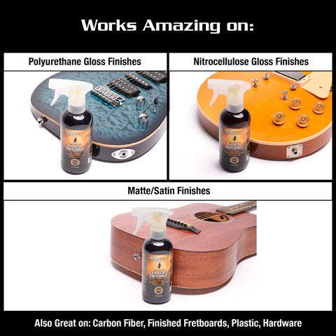 Guitar Detailer For Matte And Gloss Finishes 12oz That Cleans And Protects From Fingerprints Dust And Spots With UV Shield Easy Spray And Wipe Made In USA shown with guitars