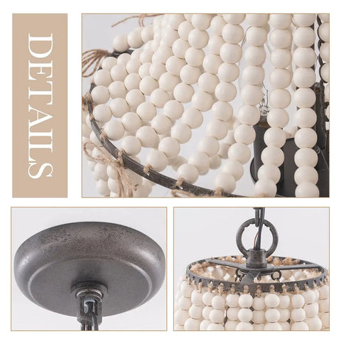 Close-up of wood beads and black hardware on Wood Beaded Chandelier 3 Light Boho Farmhouse Pendant Light Fixture with White Beads