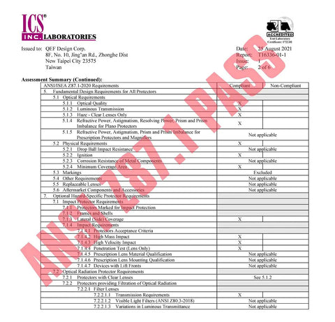 ICS safety compliance report for Rugged Ballistic Safety Glasses For Range Use, ANSI Z87.1 Plus And OSHA Compliant