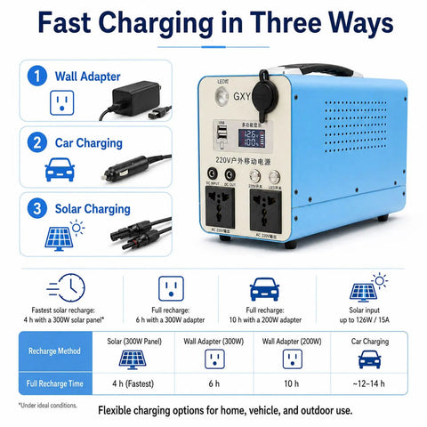 Heavy Duty LiFePO4 Portable Power Station 300W 500W showing charging methods: wall adapter, car charging, solar charging.