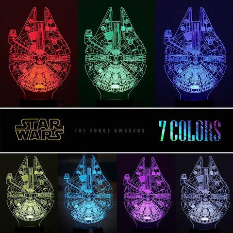 Lit 3 Pattern 16 Colors 3D Night Light Illusion Lamp For Fans With Laser Etched Optical Acrylic Plate And 10 LED Uplights Star Wars Themed Gift Perfect For Birthdays And Collectors, featuring Falcon in 7 colors