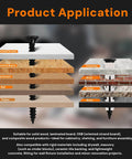 Product application image showing different screw uses on materials like timber, MDF, and concrete, related to 230 Piece Heavy Duty High Hardness Wood Screws Assortment Kit With Size Six And Size Eight Phillips Flat Head For Wood Drywall MDF And Furniture DIY Includes Sixteen Anchors And Nine Lengths From Half Inch To Two Inches Black.