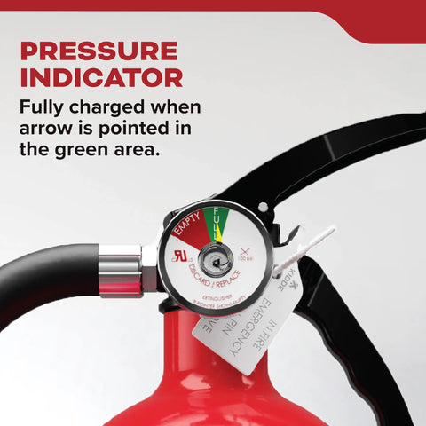 Home Fire Extinguisher For Residential And Living Areas 2A10BC With All Metal Construction and metal valve pressure indicator close-up
